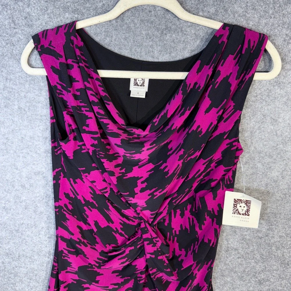 Anne Klein Women Black‎ Pink Houndstooth Drape Twist Sheath Dress Size 4